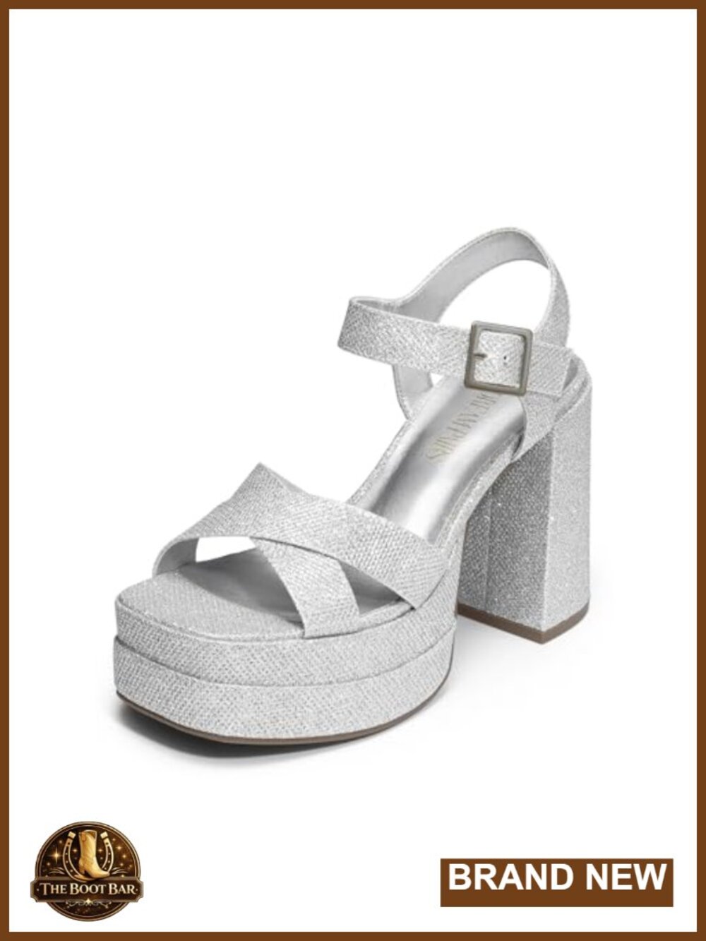 Platform Chunky Heel Sandals Square Toe Glitter Ankle Strap